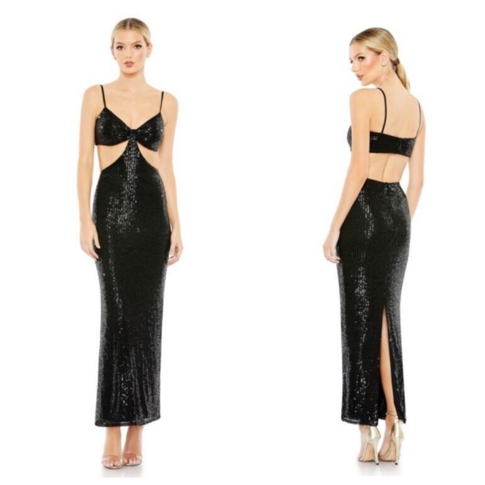 NWT NEW Mac Duggal Cutout Waist Sequin Dress Black Maxi Cocktail Size 2